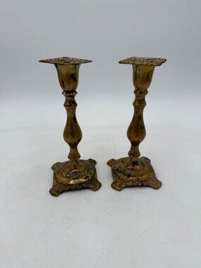 Vintage Ornate Brass Candlestick Holders Pair With Intricate Floral Base Design